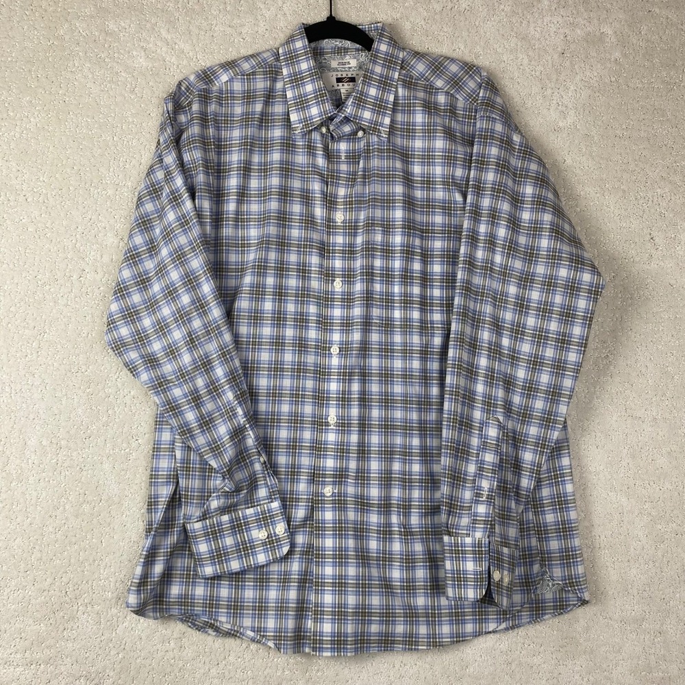Joseph Abboud Button Down Shirt Mens M Blue Brown Plaid Non-Iron Stretch Classic